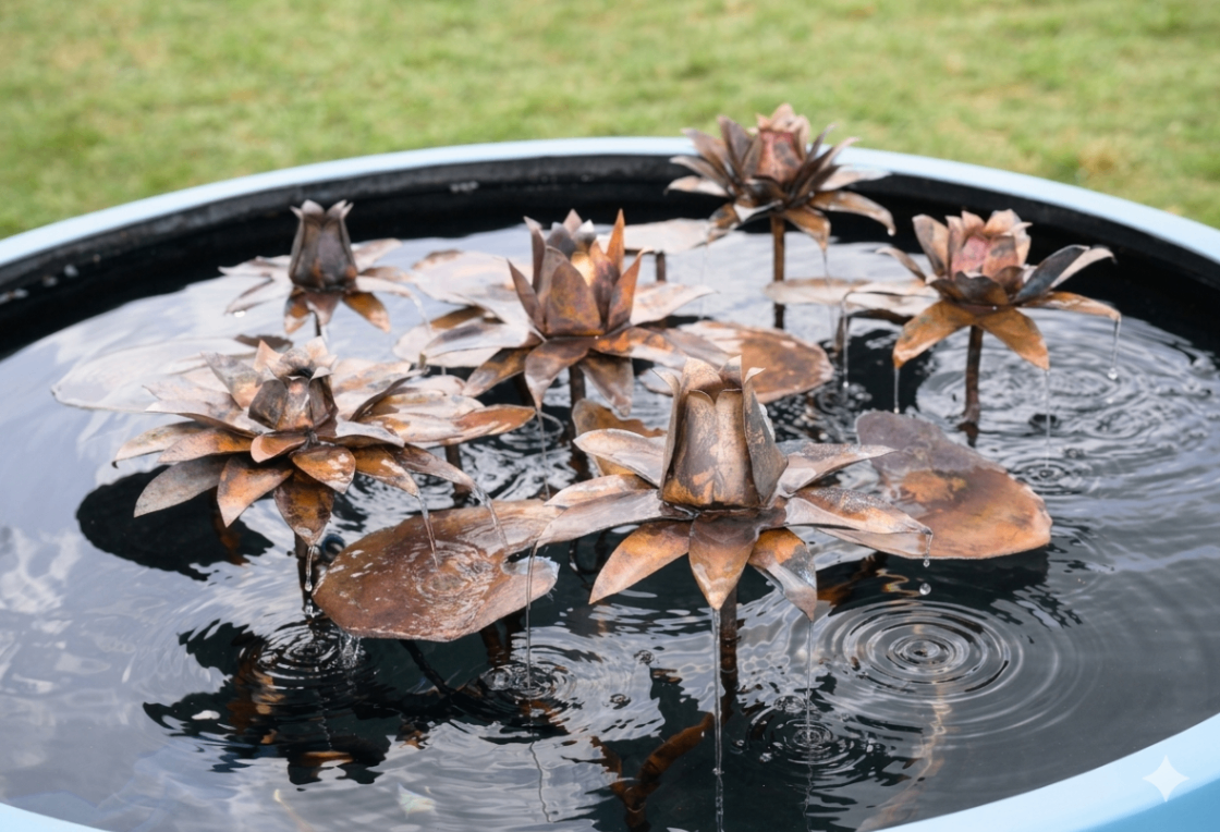 Hand made copper Lily in gloss blue bowl - Daniel Groom Design